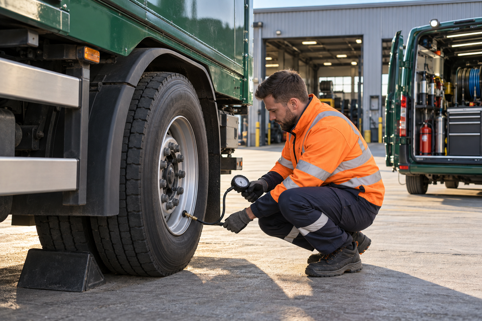 Commercial tyre fitter checking pressure beside a dark green rigid truck and emerald service van